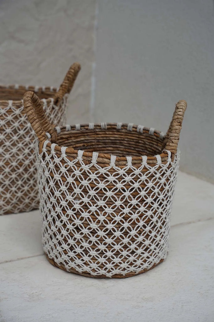 Cesta de Macramé de Punto de Cruz - Blanco Natural - S