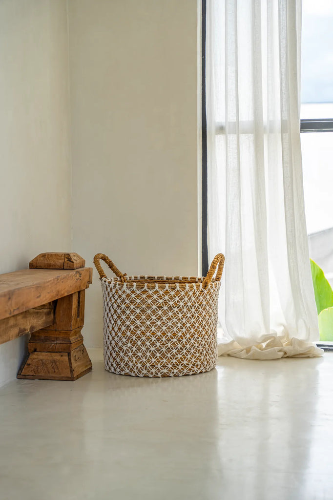 Cesta de Macramé de Punto de Cruz - Blanco Natural - S