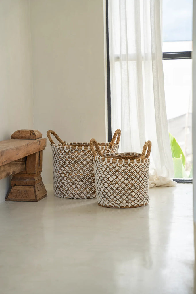 Cesta de Macramé de Punto de Cruz - Blanco Natural - S