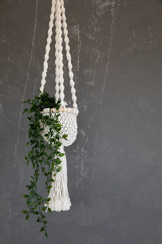 Cesta Colgante de Macramé Entrelazado - Blanco Natural - M