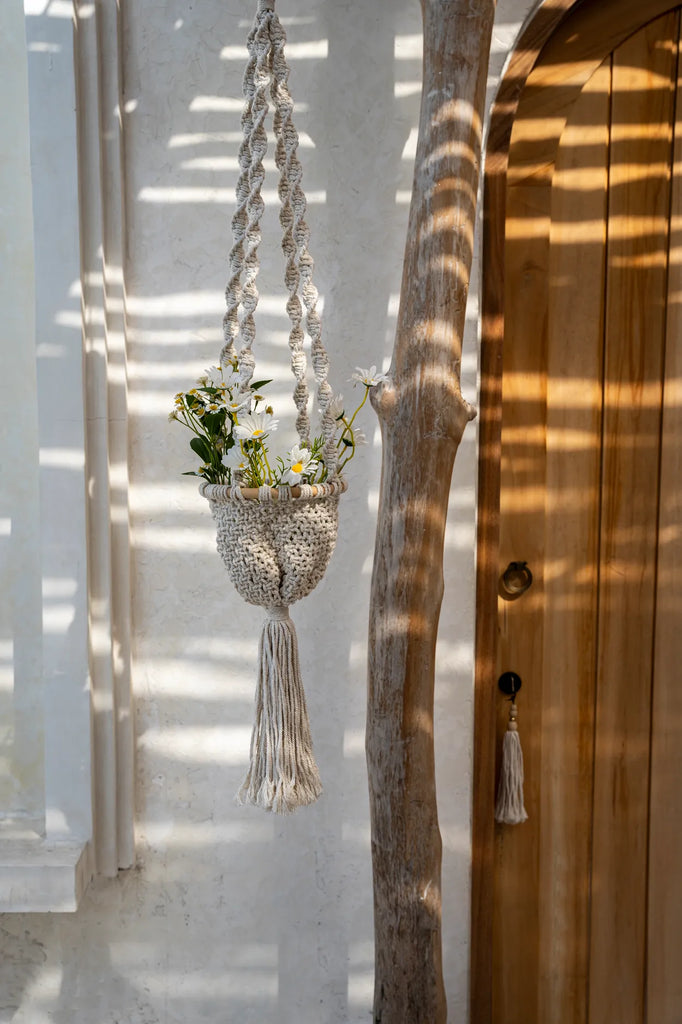 Cesta Colgante de Macramé Entrelazado - Blanco Natural - M